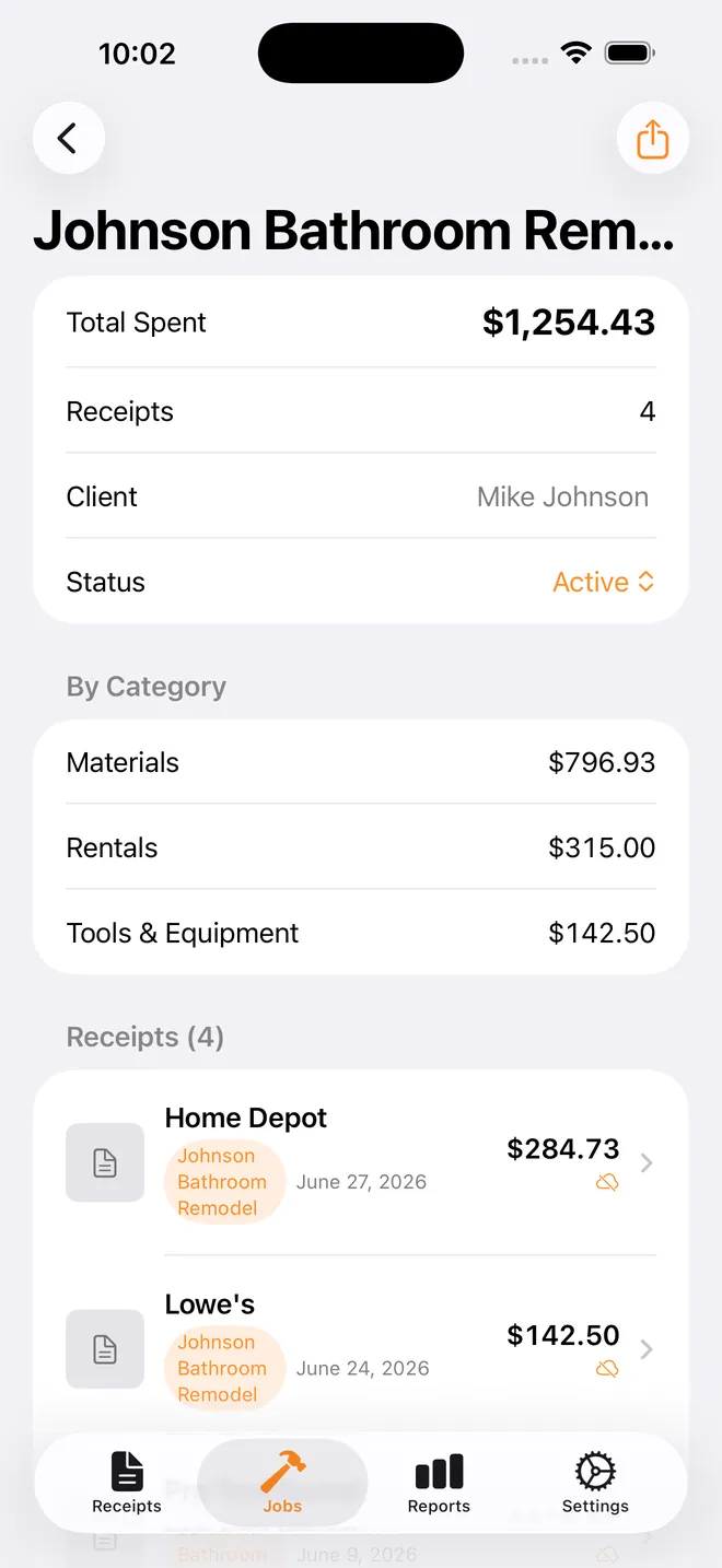 ReceiptRig job screen showing receipts for one job