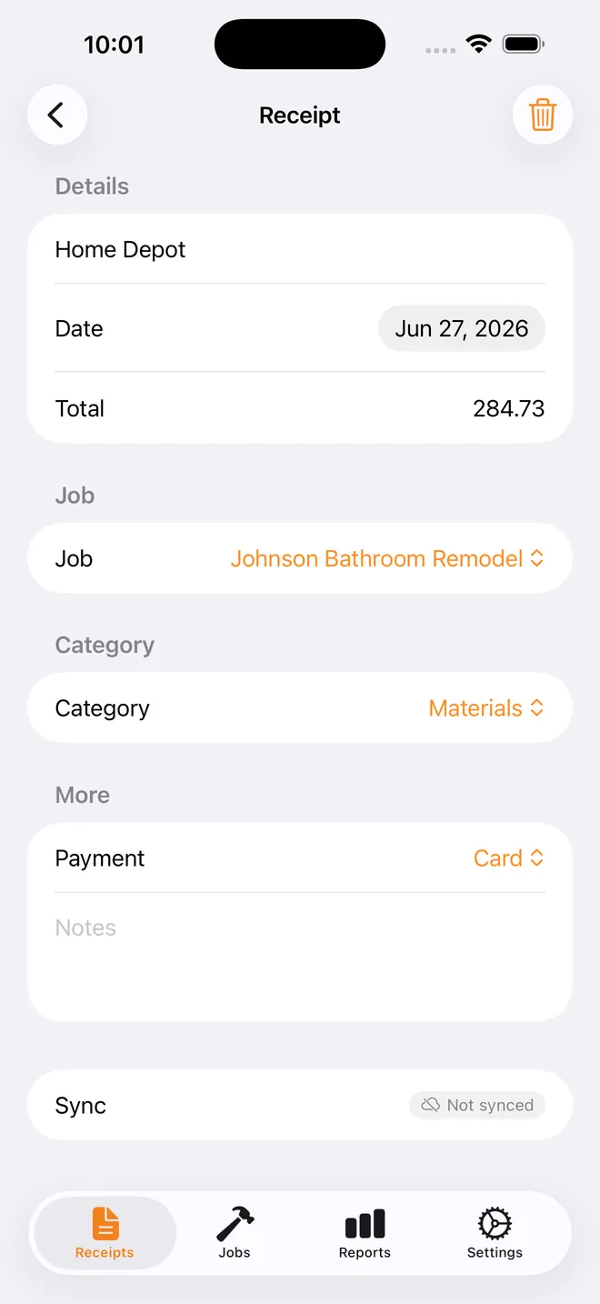 ReceiptRig receipt screen with merchant, date, and total