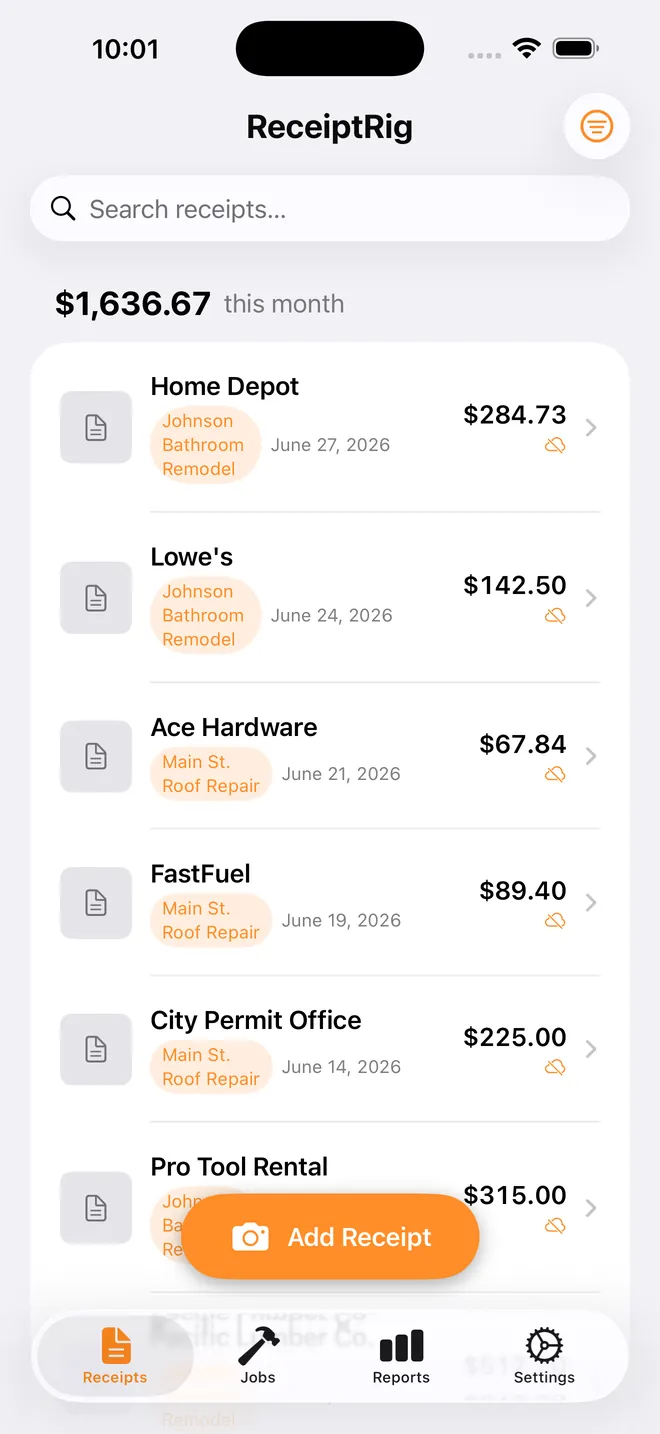 ReceiptRig receipts list with merchant, job and total for each receipt