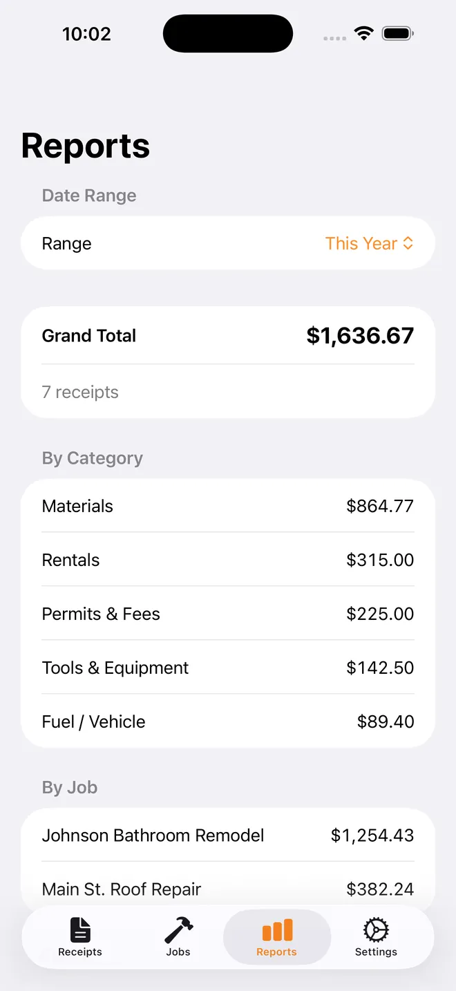 ReceiptRig reports screen with totals by category